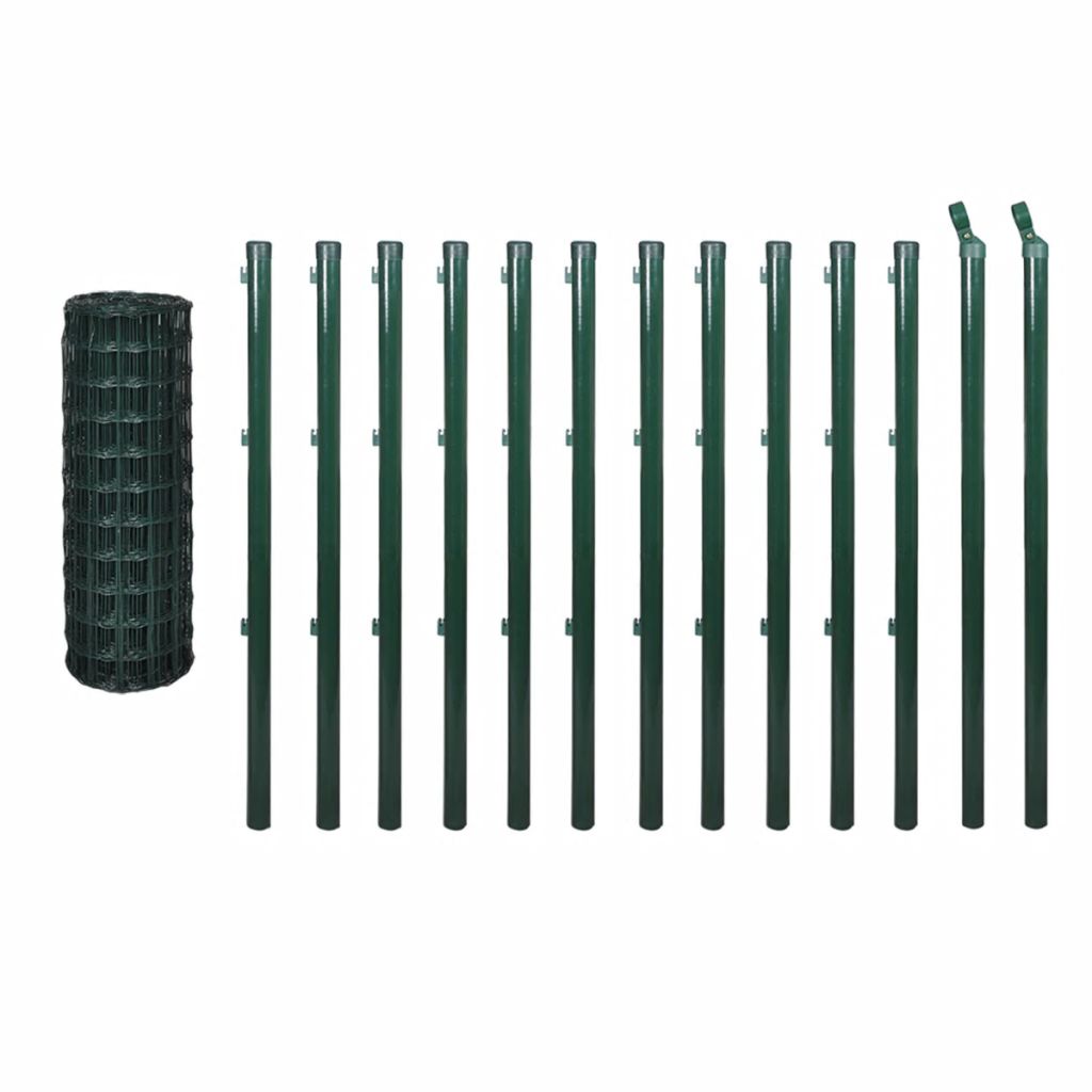 Set de gard de plasa si tarusi, vidaXL, Otel, 25 x 1.2 m, 100 x 100 mm, Verde
