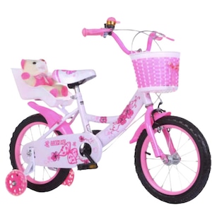 Bicicleta Bear, culoare alb cu roz 16 inch pentru fetite varsta 3-7 ani, cu ursulet inclus ,roti ajutatoare din silicon ,aparatoare noroi,sonerie,scaunel pentru papusi si cosulet plastic pentru -