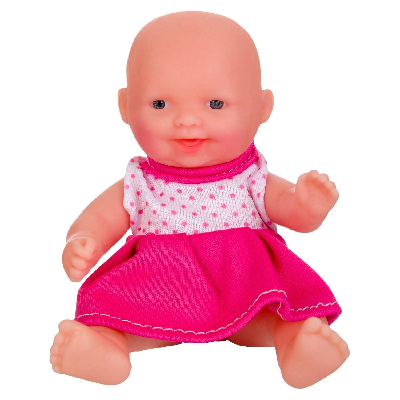 Papusa bebelus realista,cu rochita roz cu buline si guler,dimensiune 13 centimetri