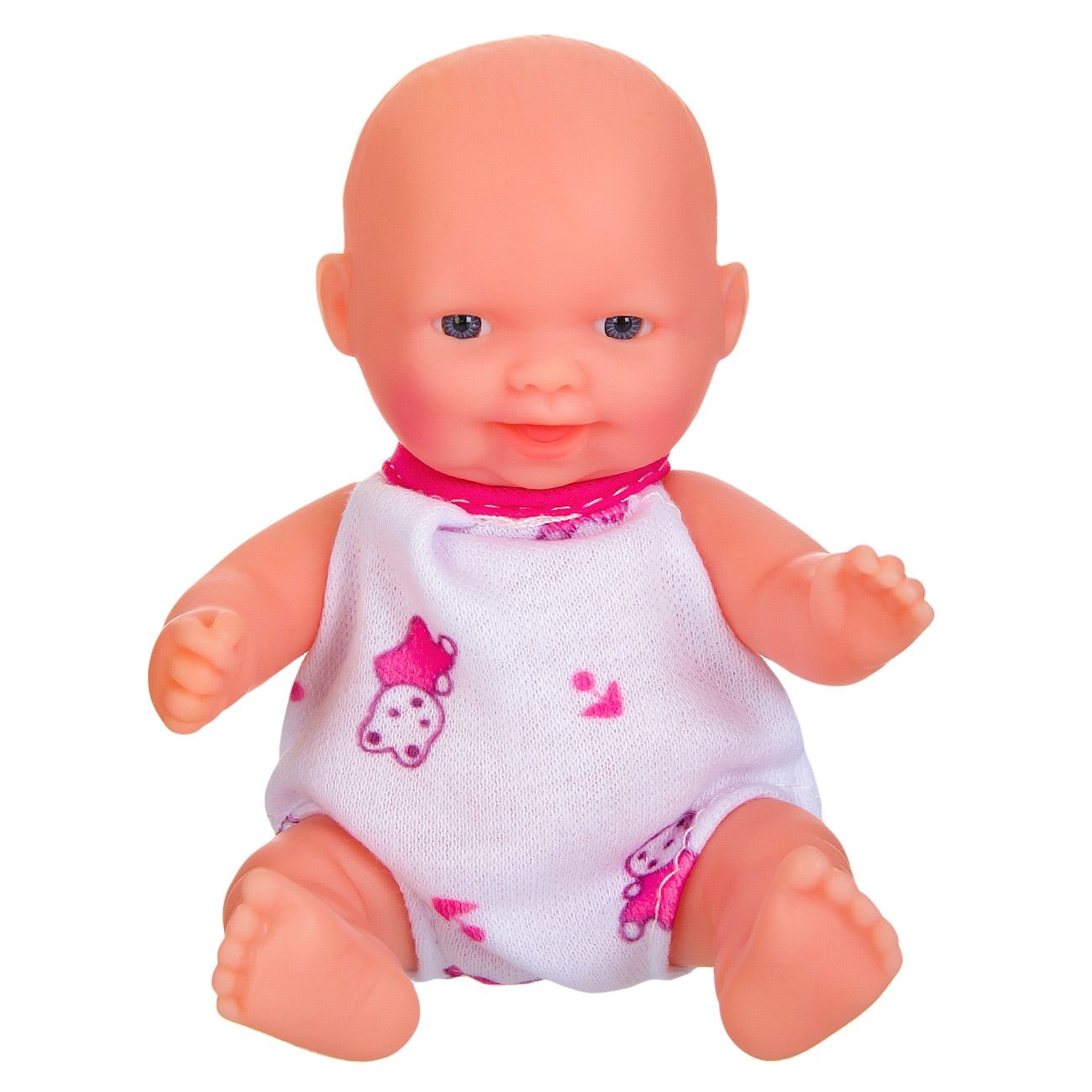Papusa bebelus realista,cu rochita roz cu animalute si guler,dimensiune 13 centimetri