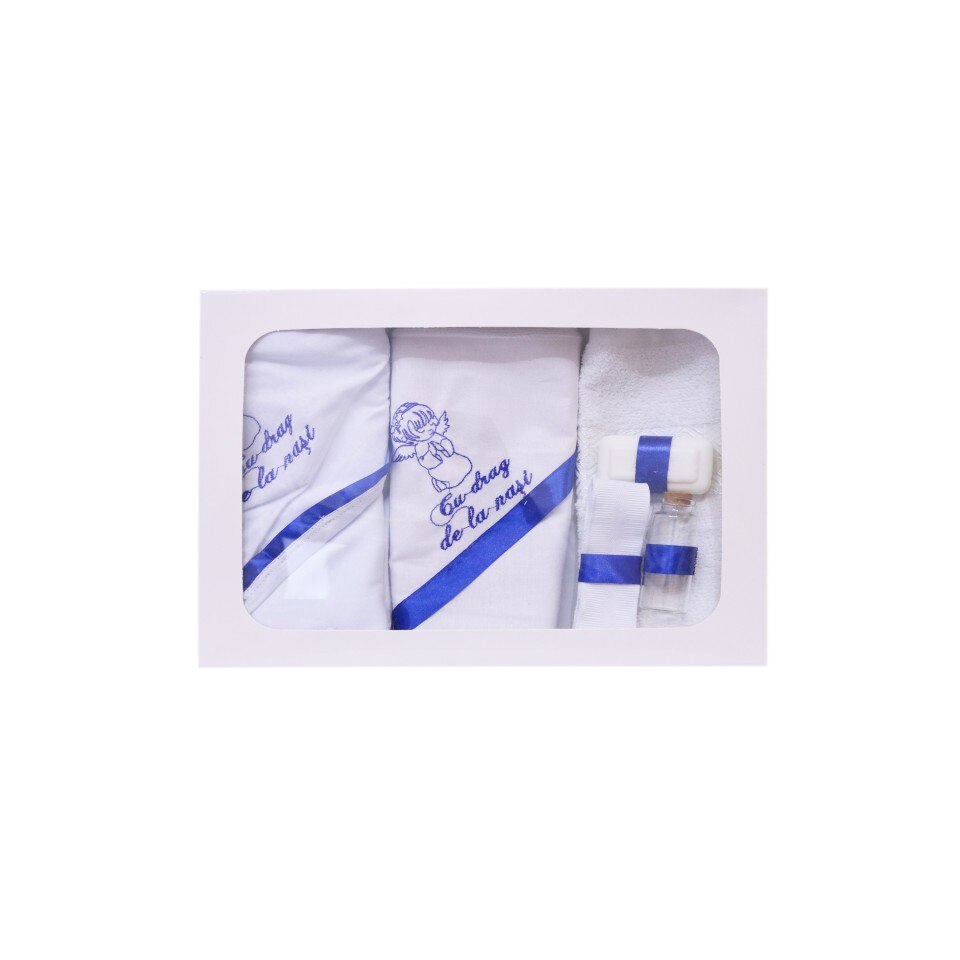 Trusou brodat pentru botez, 6 piese, alb/albastru, dae4700