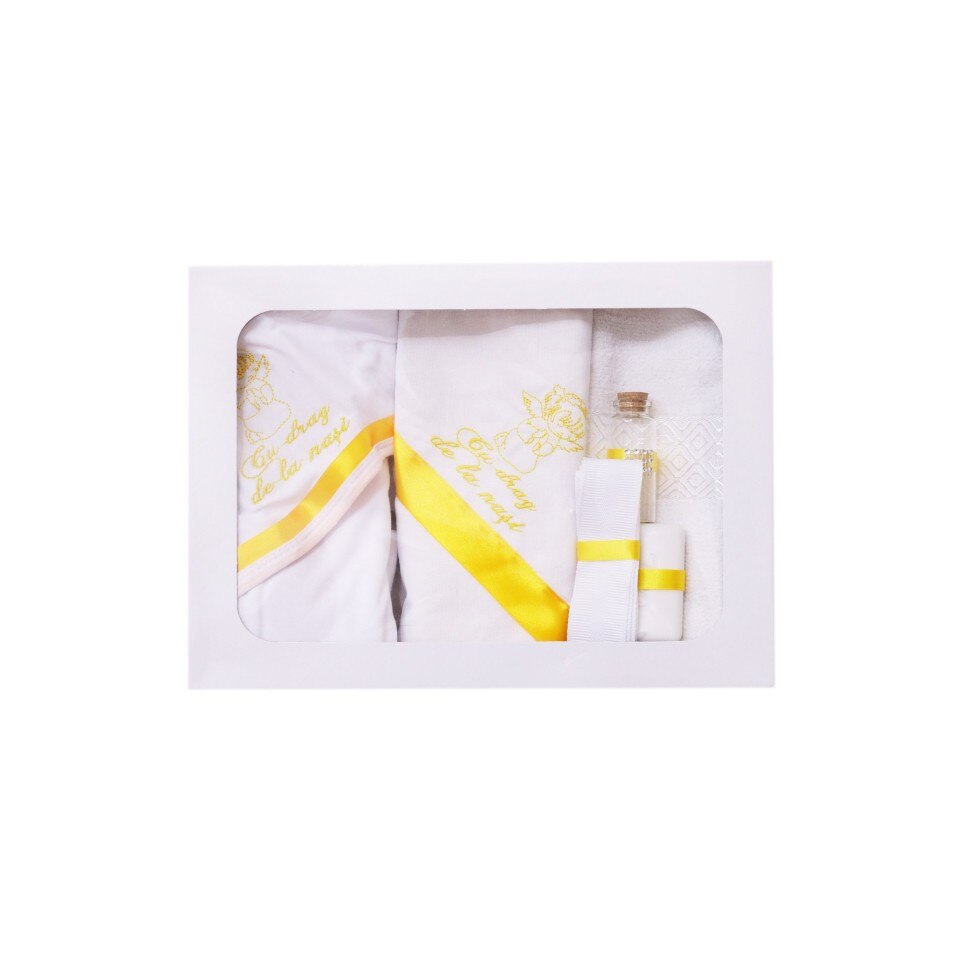 Trusou brodat pentru botez, 6 piese, alb/galben, dae4704