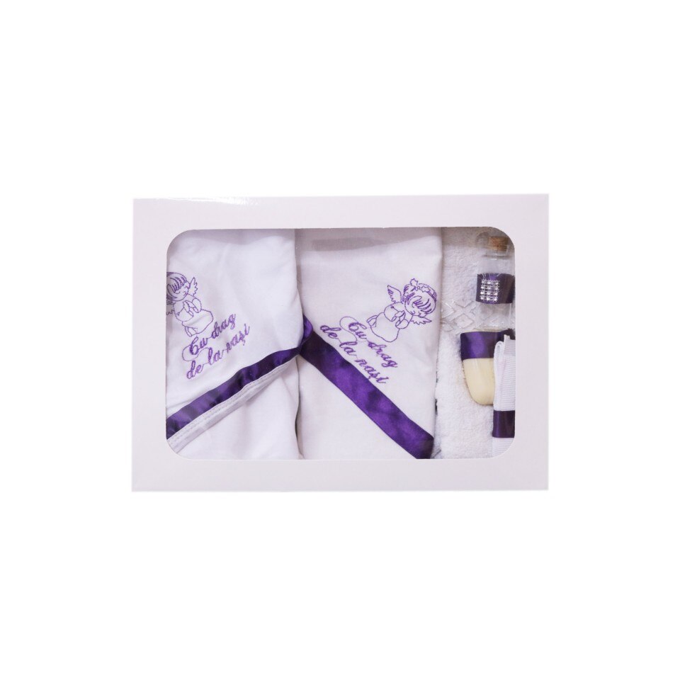 Trusou brodat pentru botez, 6 piese, alb/mov, dae4709