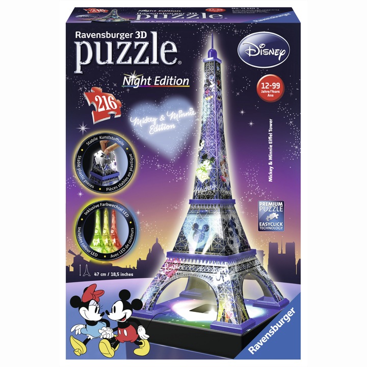 Puzzle Ravensburger 3D - Turnul Eiffel Noaptea, Disney Mickey si Minnie Mouse, 216 piese