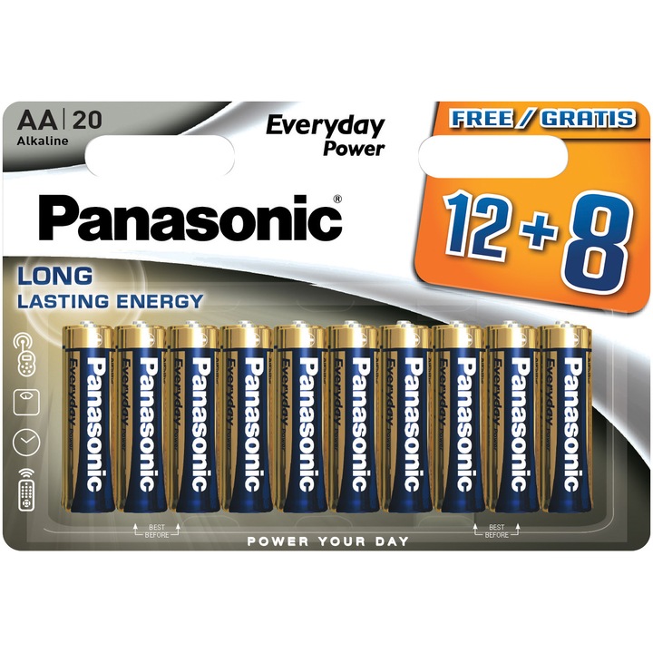Baterii Panasonic Alkaline Everday Power AA, 20 Buc