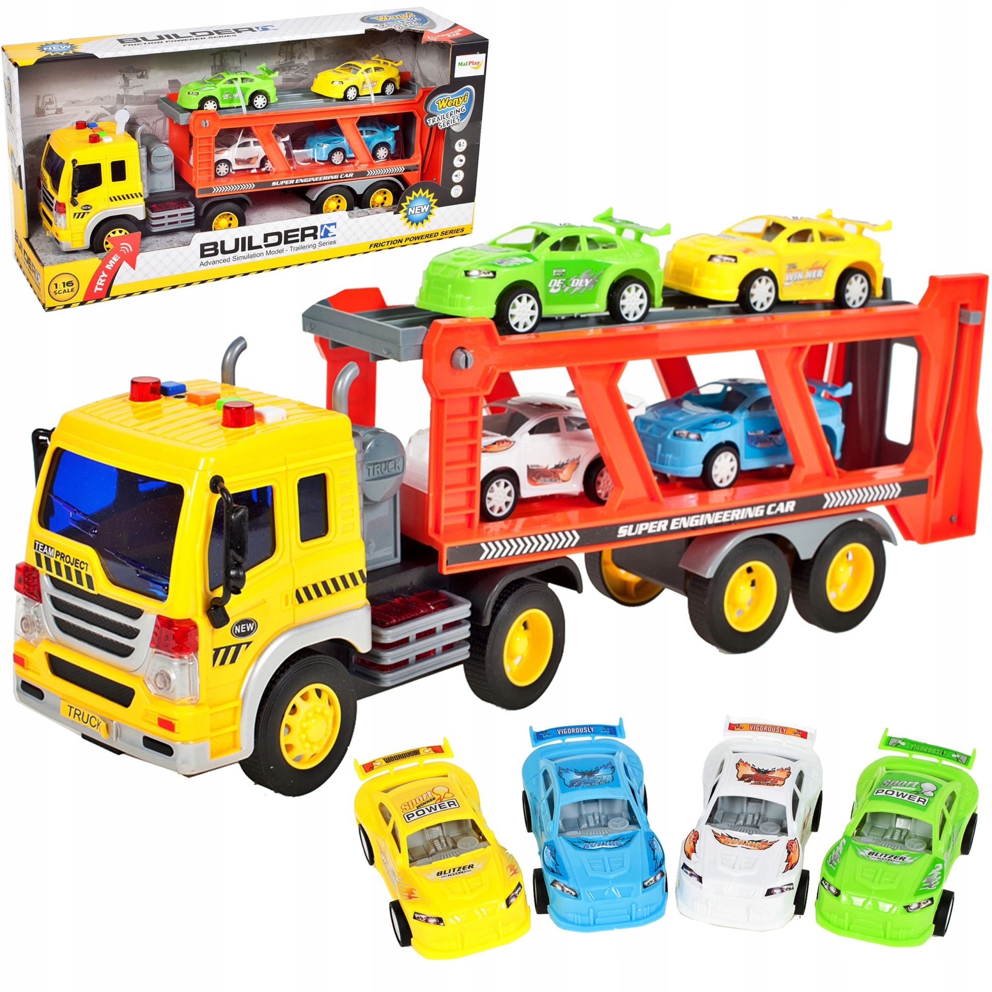 Camion cu trailer pentru masini, 4 masini transportate, cu efecte luminoase si sonore