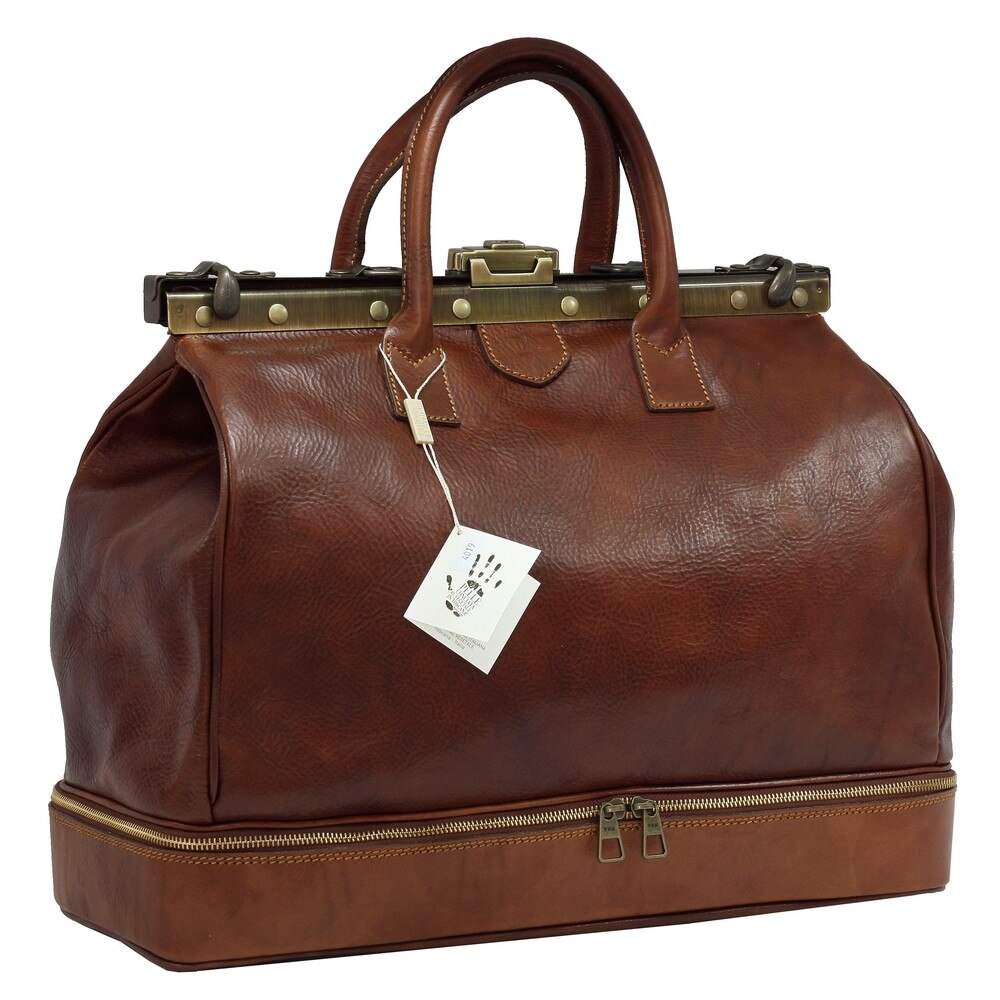 Geanta de voiaj din piele naturala, inchidere cu o rama metalica „superior” N4019A cognac