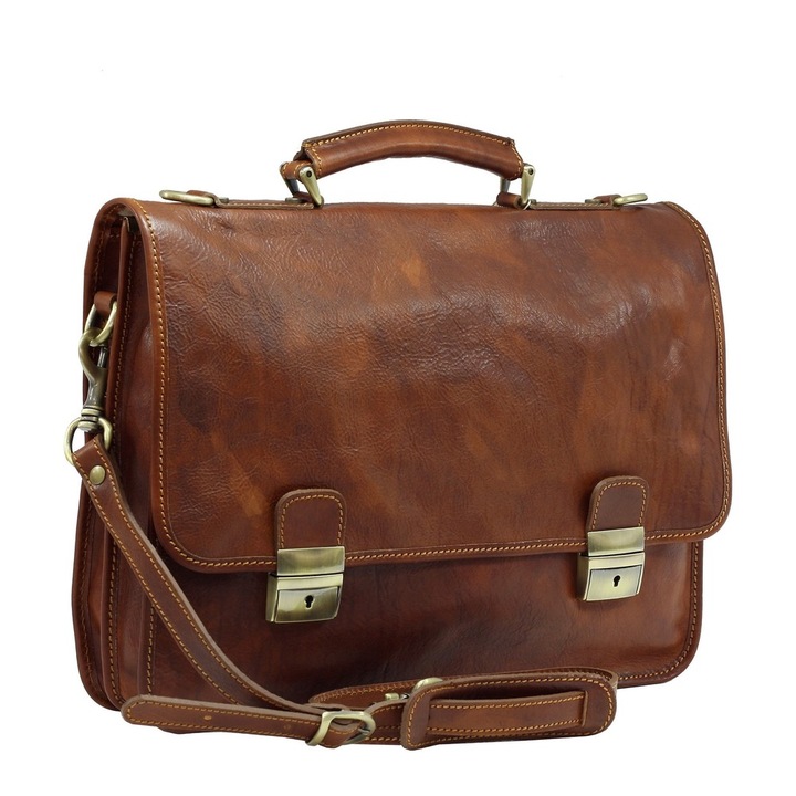 Servieta din piele naturala vachetta, Maro cognac, 40 x 30 x 10 cm