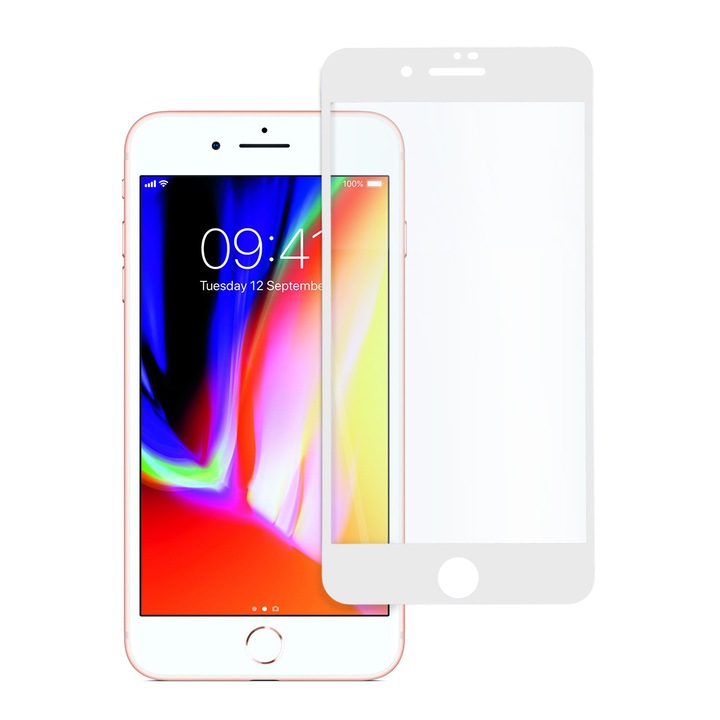 Стъклен Протектор за Apple iPhone 8 Plus, Удароустойчив, Цялостно покритие, Бял