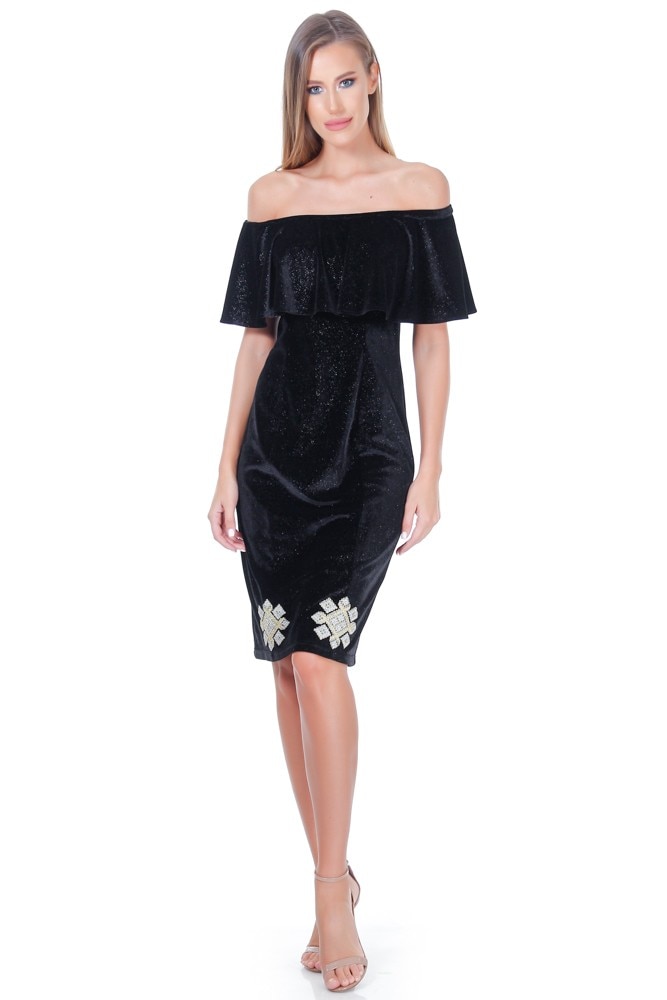 Rochie catifea neagru argintat cu broderie Liza Panait ID-5E
