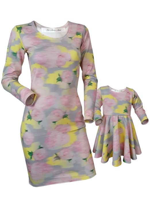 Set mama/fiica rochii multicolore cu imprimeu abstract, marimea 3/4 ani