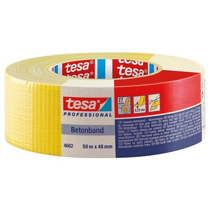 Текстилна лента, жълта, 48mm x 50m, Tesa Pro Betonband