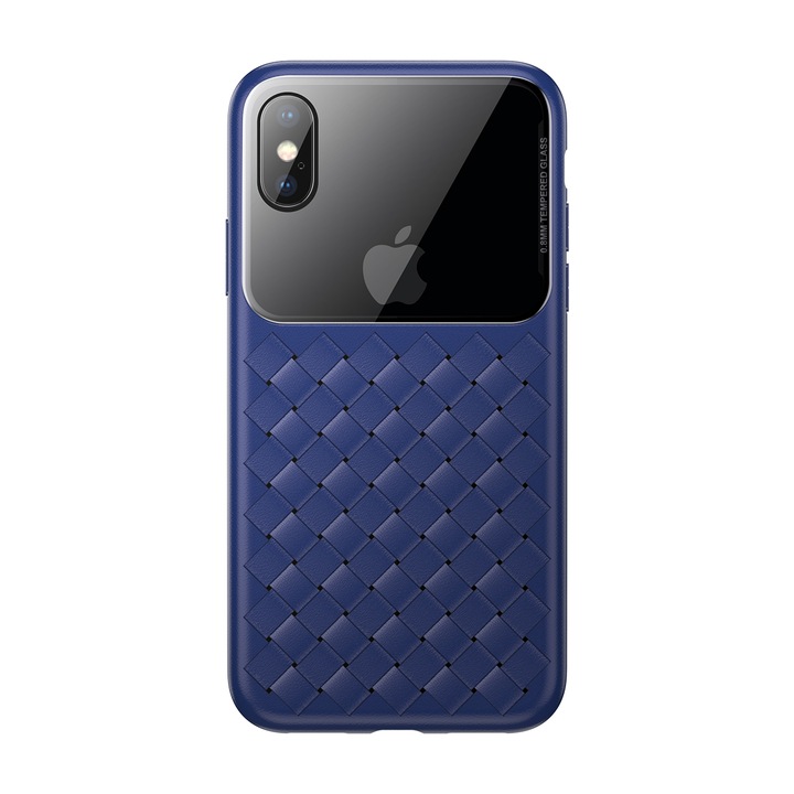 Луксозен плетен калъф със стъклен гръб Baseus за iPhone X, Син, Baseus