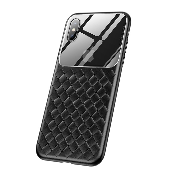 Луксозен плетен калъф със стъклен гръб Baseus за iPhone XS Max, Черен, Baseus
