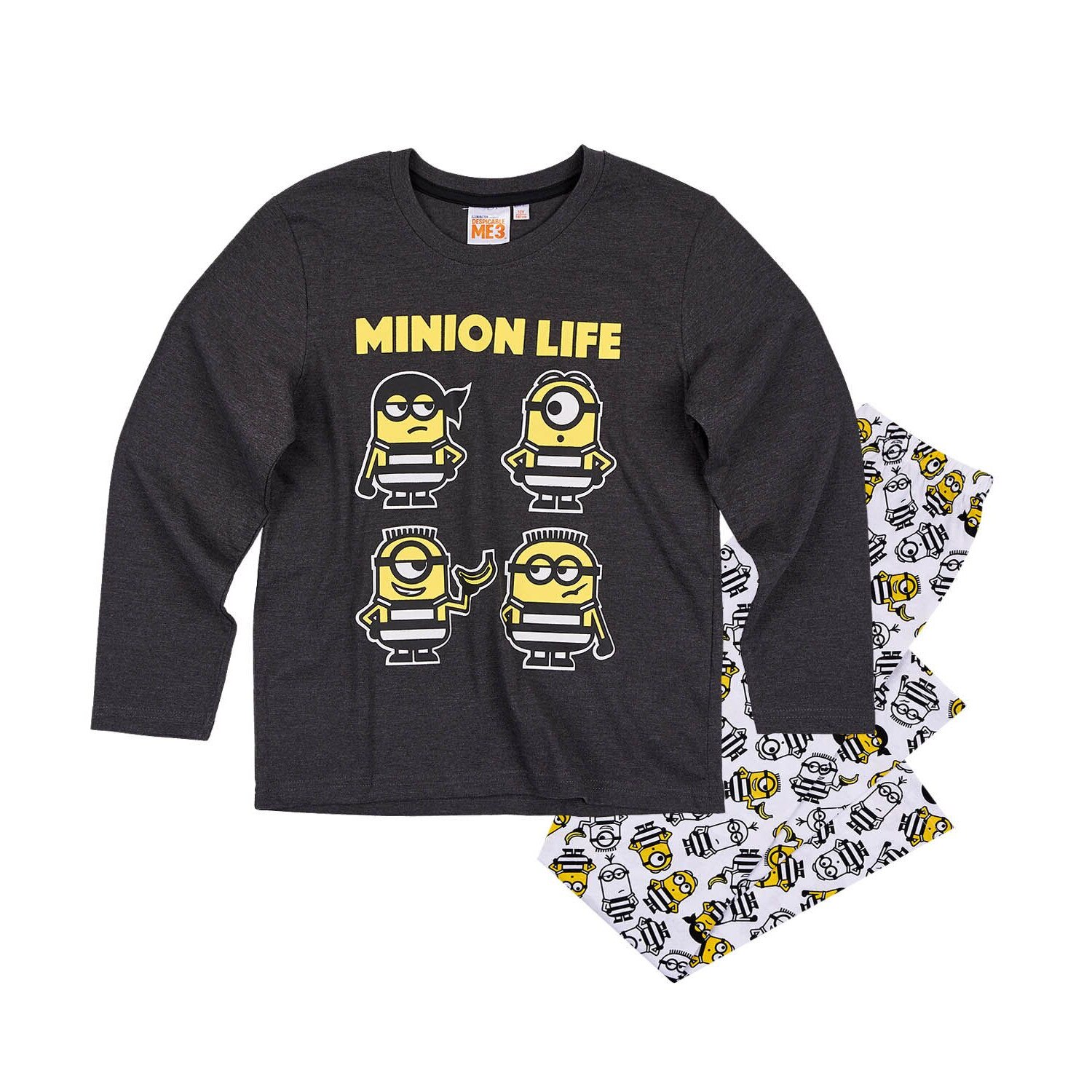 Pijama cu maneca lunga Minions gri/alb, 128 cm, 8 ani