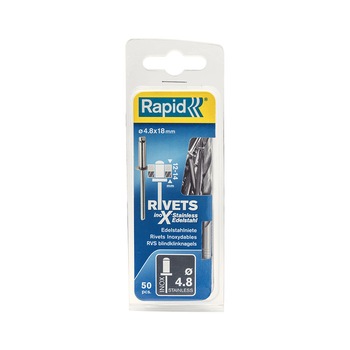 Nituri Rapid otel inoxidabil diametru 4.8mm x 18mm, burghiu metal HSS inclus, 50buc/set, 5000397 Nituri Rapid otel inoxidabil diametru 4.8mm x 18mm, burghiu metal HSS inclus, 50buc/set, 5000397