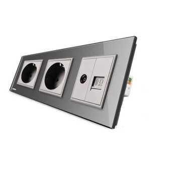 Priza tripla cu rama din sticla Livolo, 2 prize simple + TV-Internet, Gri Priza tripla cu rama din sticla Livolo, 2 prize simple + TV-Internet, Gri