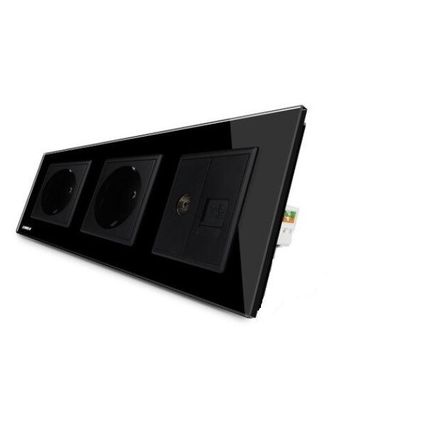 Priza tripla cu rama din sticla Livolo, 2 prize simple + TV-Internet, Negru