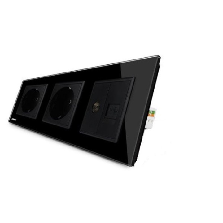 Троен контакт Livolo със стъклена рамка, 2 единични контакта + TV-Интернет, Черен