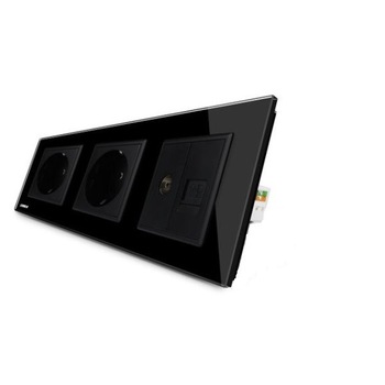 Priza tripla cu rama din sticla Livolo, 2 prize simple + TV-Internet, Negru Priza tripla cu rama din sticla Livolo, 2 prize simple + TV-Internet, Negru