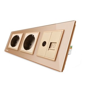 Priza tripla cu rama din sticla Livolo, 2 prize simple + TV-Internet, Auriu Priza tripla cu rama din sticla Livolo, 2 prize simple + TV-Internet, Auriu