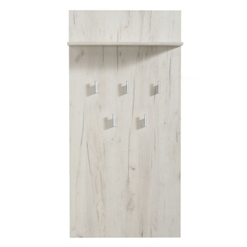 Cuier hol pentru perete YANA cu 5 agatatori si polita, stejar alb, 670 x 195 x 1370 mm