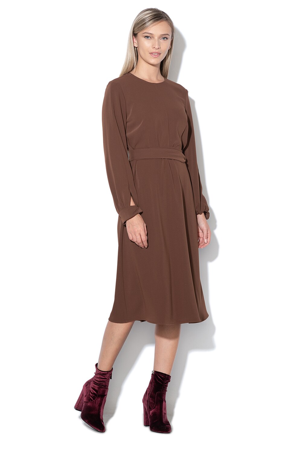 Esprit, Rochie midi cu croiala in A si mansete rasucite, Maro, 2XS