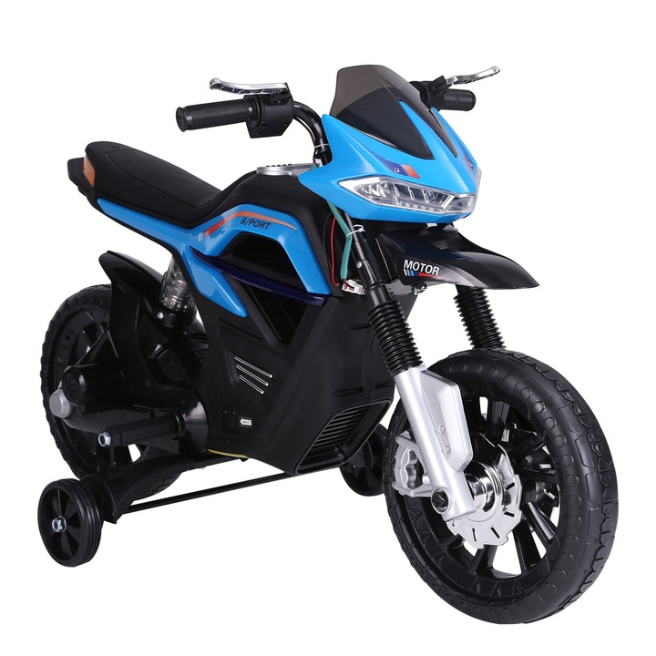 Motocicleta pentru copii cu suspensie dubla, Homcom, cu muzica si lumini, pentru copii de 3-6 ani, 105x 52.3x 62.3 cm, Albastru