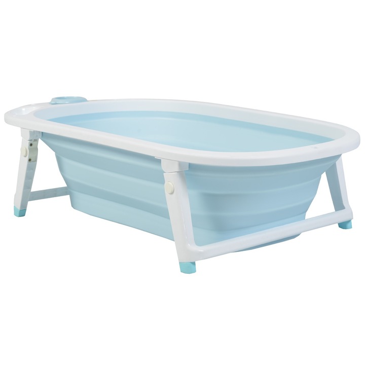 Сгъваема вана със стойка за бебета и деца NOVOKIDS™ Folding Bath Tub, бебешко креватче, ергономична форма, размери 81x45x22 см, дренажна клапа, синьо