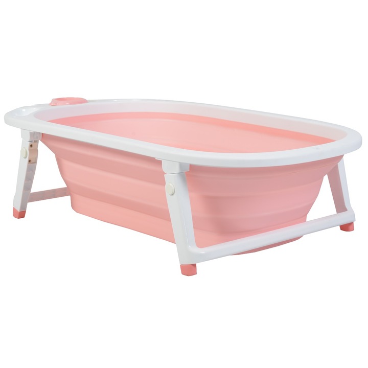 Бебешка вана със стойка NOVOKIDS Folding Bath Tub, Сгъваема, Ергономична форма, 81x45x22 см, Изпускателен кран, Розов