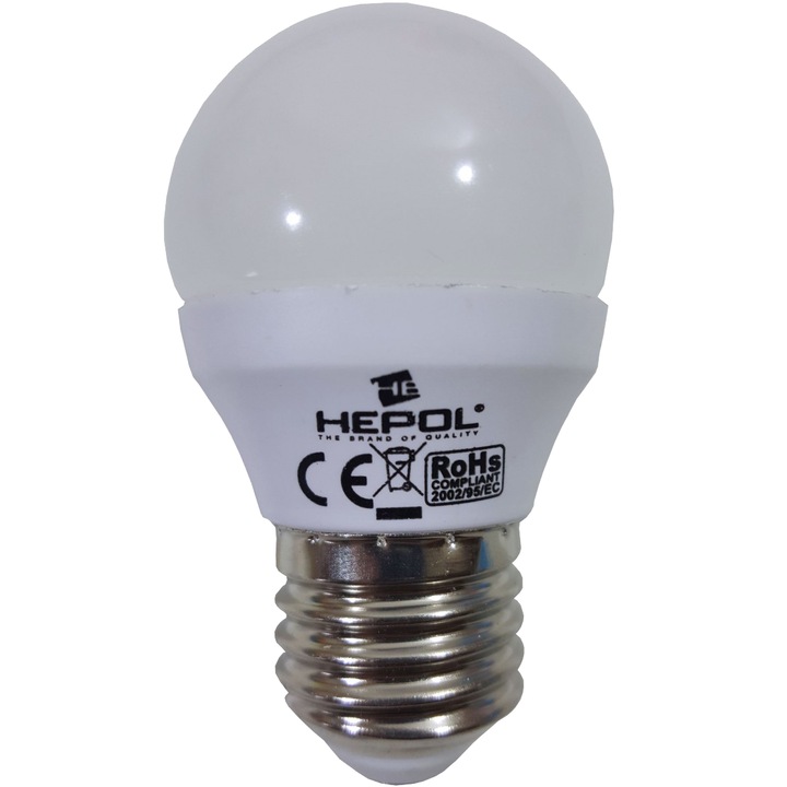 Bec LED HEPOL ECOLINE, forma glob A45, E27, 5W, 30000 ore, lumina calda