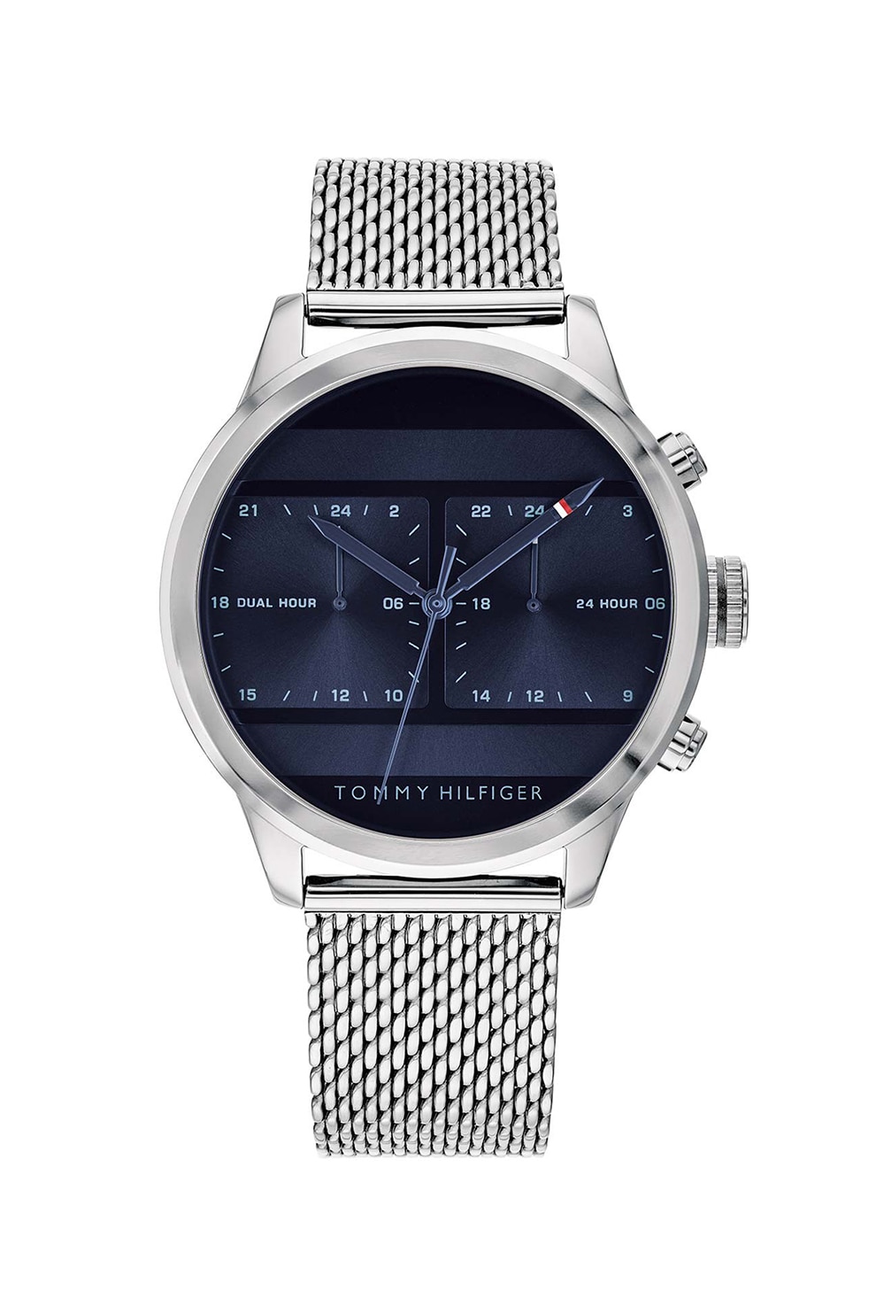 Tommy Hilfiger, Ceas din otel inoxidabil, cu bratara cu model plasa, Argintiu/Bleumarin/Bleumarin inchis