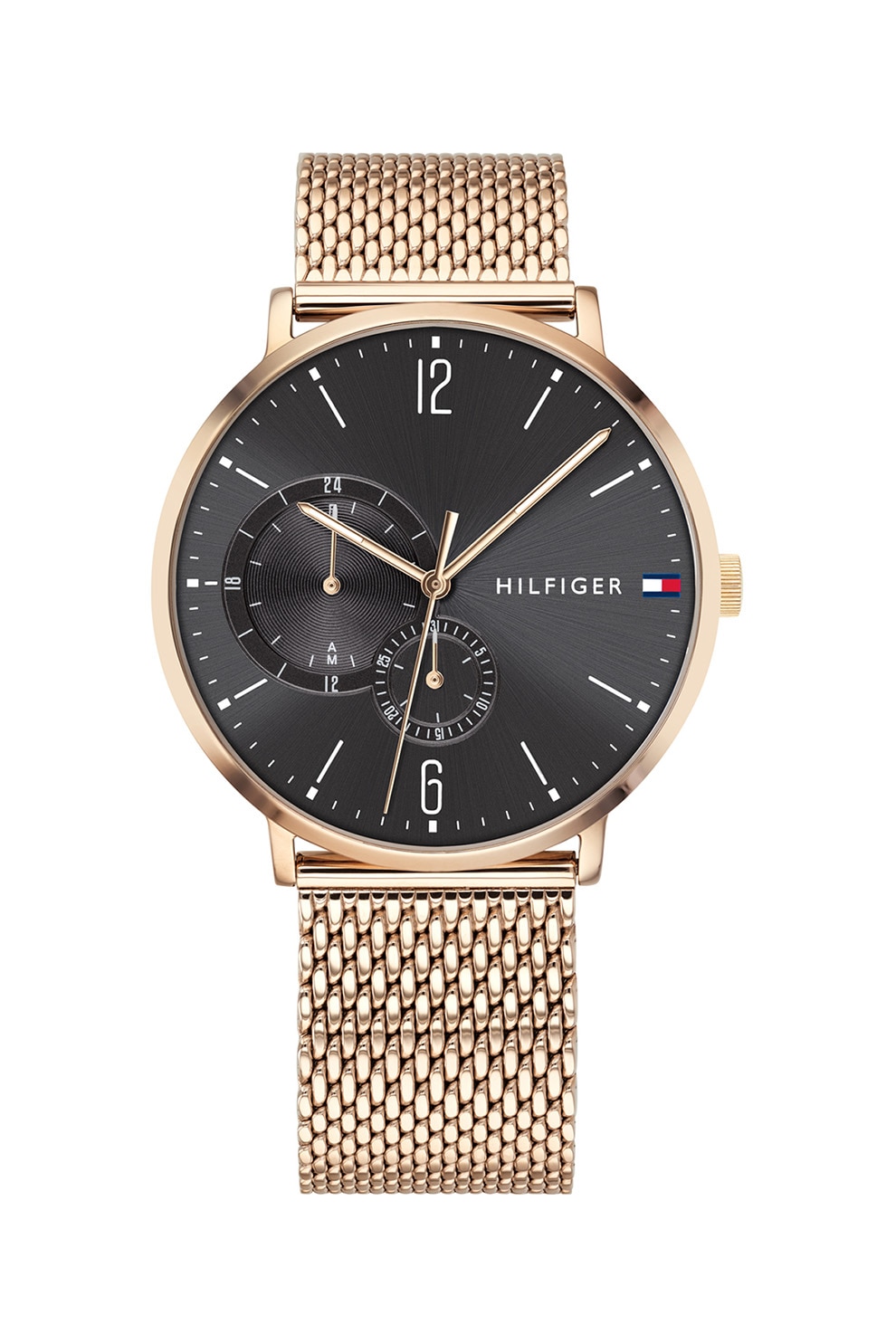 Tommy Hilfiger, Ceas quartz cu bratara metalica cu aspect de plasa, Auriu rose/negru stins