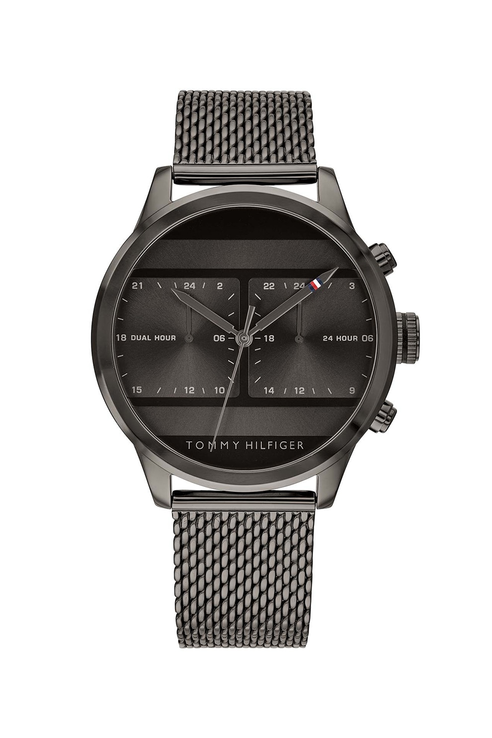 Tommy Hilfiger, Ceas cu functii multiple si bratara cu aspect de plasa, Gri antracit/Negru