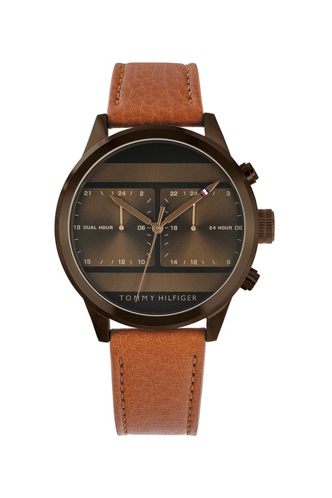 Tommy Hilfiger, Multifunkciós karóra bőrszíjjal, Fahéjbarna/Sötétbarna/Fekete