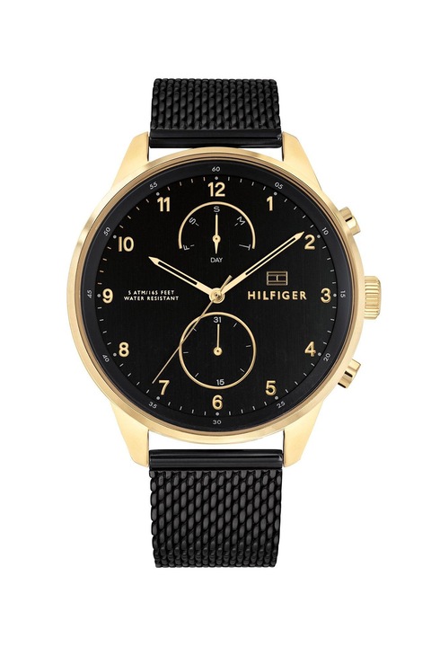 Tommy Hilfiger, Chase karóra hálós fémszíjjal, Fekete/Aranyszín