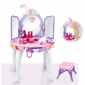 Masuta de Make-Up cu Scaunel idealSTORE PURPLE Glamour Dresser, Dimensiuni 40 x 30 x 69 cm, Echipata cu iesire MP3, Accesorizata cu elemente simbolice glamour, Efecte sonore su luminoase, Mov-Alb Masuta de Make-Up cu Scaunel idealSTORE PURPLE Glamour Dresser, Dimensiuni 40 x 30 x 69 cm, Echipata cu iesire MP3, Accesorizata cu elemente simbolice glamour, Efecte sonore su luminoase, Mov-Alb