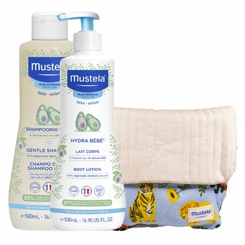 Pachet Mustela: Lotiune de corp Hydra Bebe 500 ml + Sampon delicat fara 500 ml + Rucsac CADOU Pachet Mustela: Lotiune de corp Hydra Bebe 500 ml + Sampon delicat fara 500 ml + Rucsac CADOU