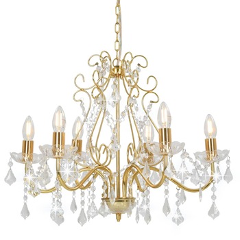 Candelabru cu margele tip cristal, vidaXL, Metal, 6 x E14, 60 x 44 cm, Auriu Candelabru cu margele tip cristal, vidaXL, Metal, 6 x E14, 60 x 44 cm, Auriu
