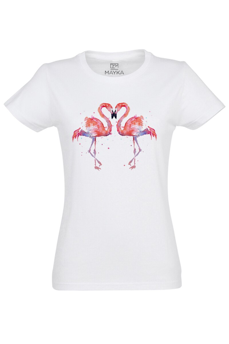 Tricou dama din bumbac 100%, MAYKA, model Flamingo, Alb