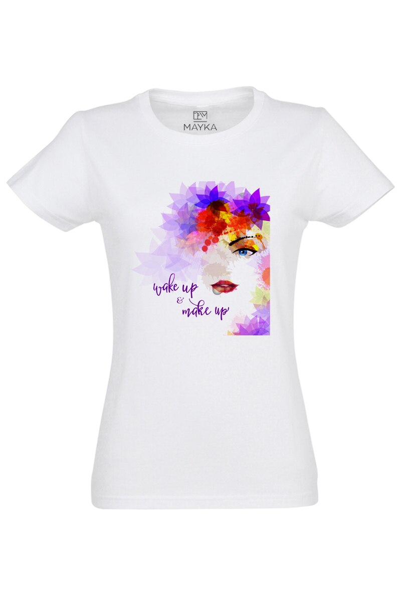 Tricou dama din bumbac 100%, MAYKA, model WAKE UP AND MAKE UP