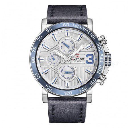 Ceas barbatesc, NaviForce, Analog, Business, Elegant, Calendar, Piele naturala, Albastru