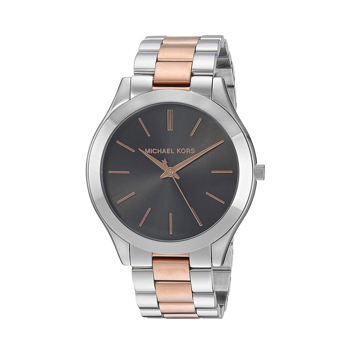 Ceas de mana Michael Kors cu cadran negru si bratara metalica, Argintiu/roze