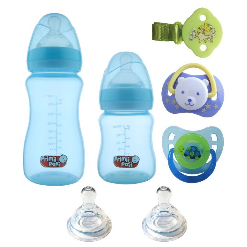 Set starter nou nascut biberoane gat larg, bleu testoasa, Primii Pasi