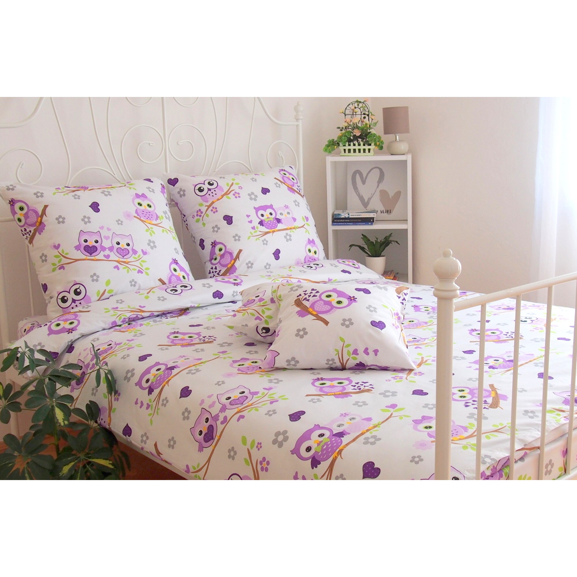 Lenjerie de pat, 6 piese, Partener Tex, pentru 2 persoane, din bumbac 100% Ranforce, Bufnita mov