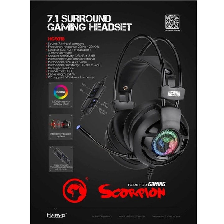 Слушалки Marvo HG9018, микрофон, гейминг, RGB, вибрация