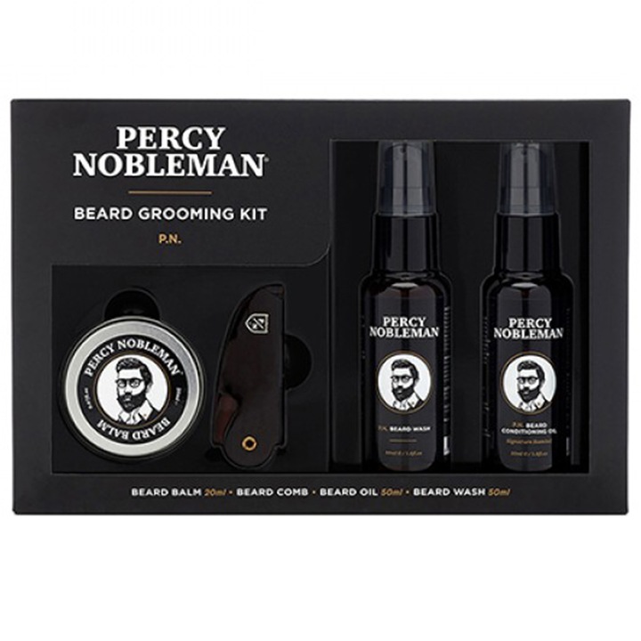 Пълен комплект за грижа за брада и мустаци Percy Nobleman, С масло за брада, шампоан, балсам и гребен