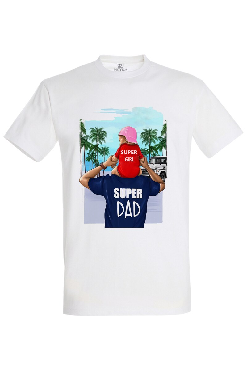 Tricou barbat din bumbac 100%, MAYKA, model Super Girl/ Super Dad, Alb
