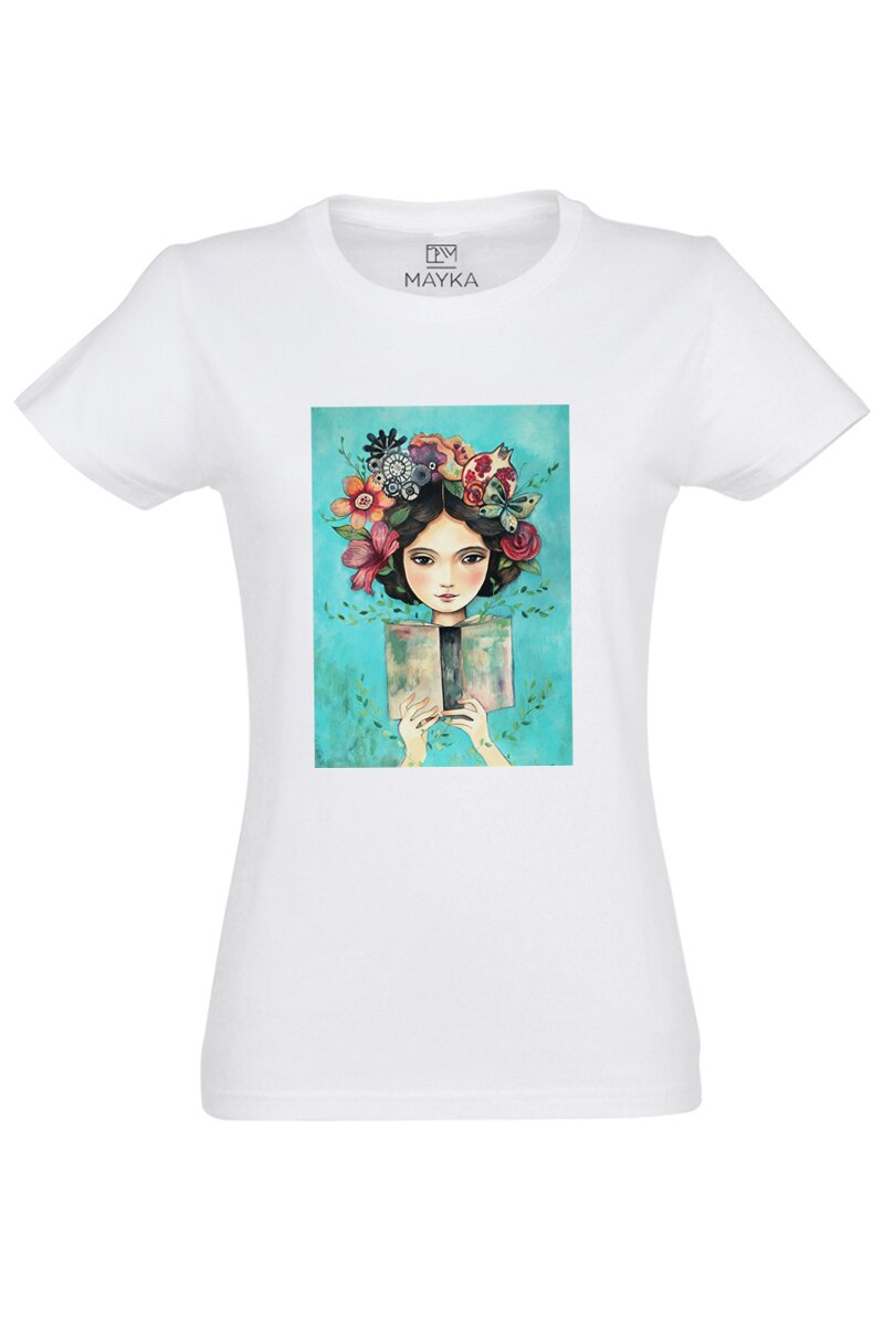 Tricou dama din bumbac 100%, MAYKA, model Girl with Book