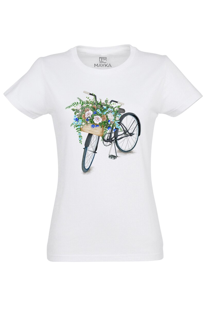 Tricou dama din bumbac 100%, MAYKA, model Bicicleta Inflorita